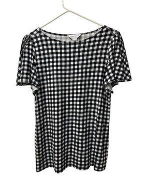Liz Claiborne Plaid Blouse Womens Medium Black & White Short Flutter Sleeves